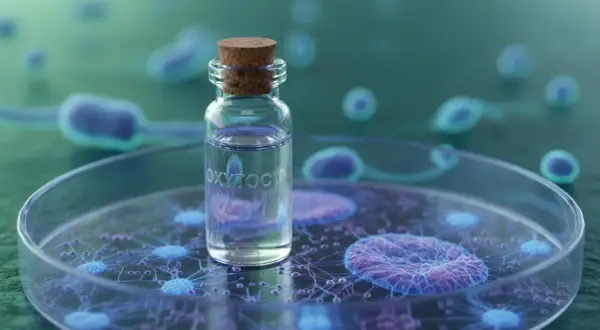 Szklana fiolka z napisem "OXYTOCIN" na tle komórek. Oksytocyna co to? Hormon miłości i więzi.