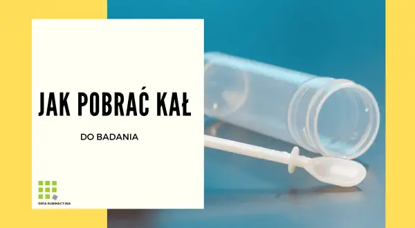 Pojemnik i szpatułka do pobrania materiału do badania kału. Tekst: "Jak pobrać kał do badania".