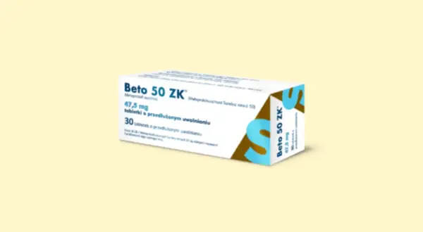 Opakowanie leku Beto 50 ZK, zawierające 30 tabletek o przedłużonym uwalnianiu, z dawką 47,5 mg metoprololu.
