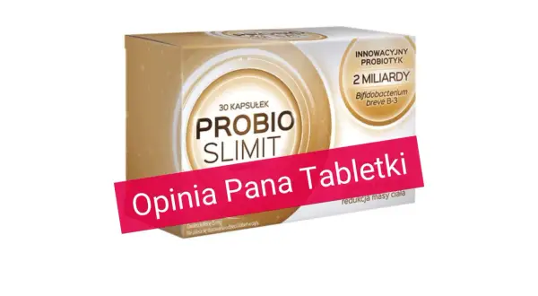 Opakowanie suplementu diety Probio Slimit, innowacyjnego probiotyku z 2 miliardami bakterii. Widoczna opinia "Pana Tabletki" o spalaniu tłuszczu i redukcji masy ciała.