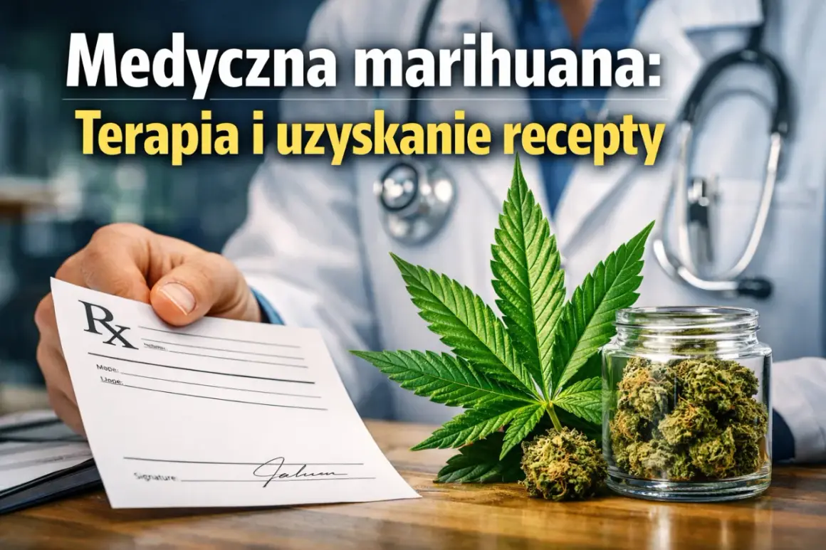 Lekarz podaje receptę na medyczną marihuanę. Obok liść konopi i słoik z suszem.