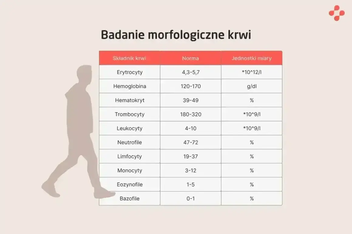 Tabela z badaniem morfologicznym krwi. Wskazuje normy dla różnych składników, w tym eozynofile niskie (1-5%).