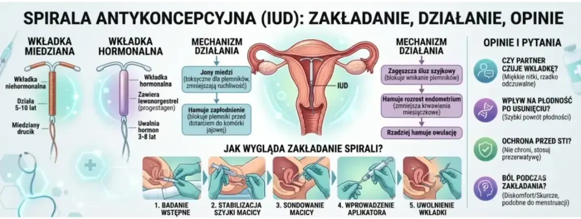 Ilustracja przedstawia spiralę antykoncepcyjną, jej rodzaje (miedzianą i hormonalną), mechanizm działania oraz proces zakładania.