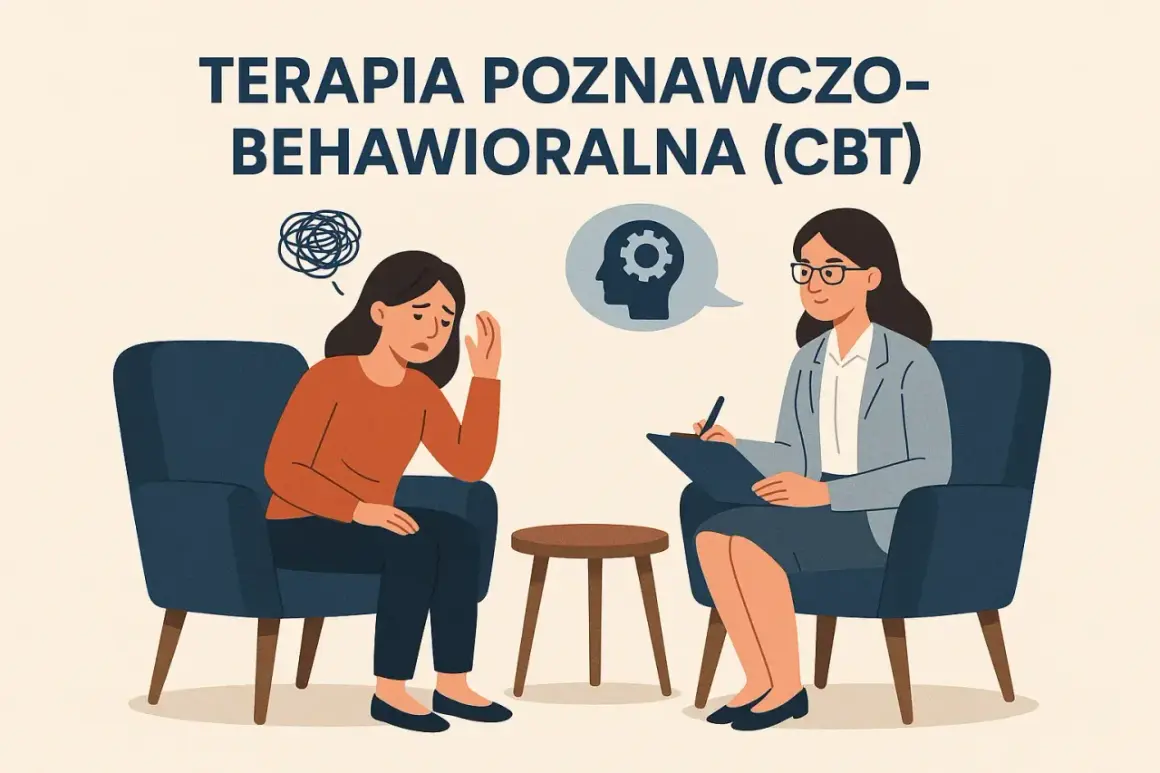 Kobieta w pomarańczowej bluzce przeżywa trudne chwile, ale terapia poznawczo-behawioralna (CBT) oferuje wsparcie.