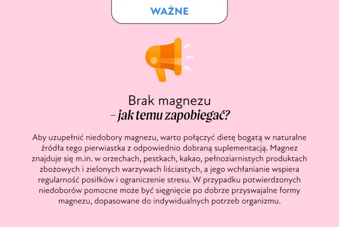 Grafika informuje o tym, jak zapobiegać niedoborom magnezu. Podkreśla znaczenie diety bogatej w naturalne źródła magnezu i suplementacji.