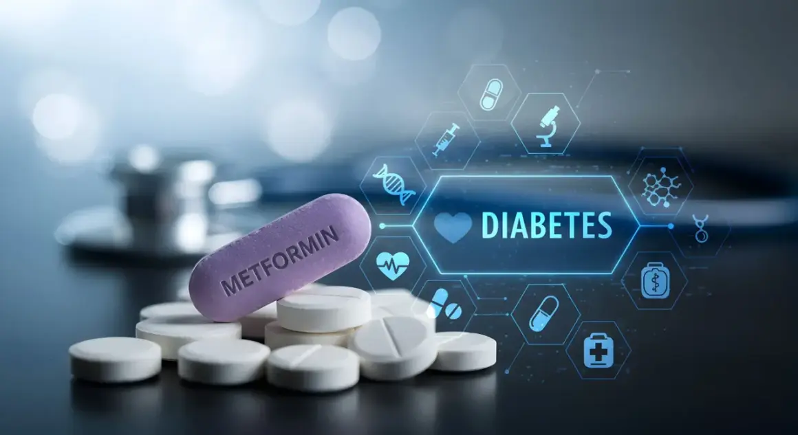 Tabletka metforminy na stosie białych tabletek, obok stetoskopu. W tle cyfrowy interfejs z ikonami medycznymi i napisem "DIABETES". Warto pamiętać o metformina skutki uboczne.