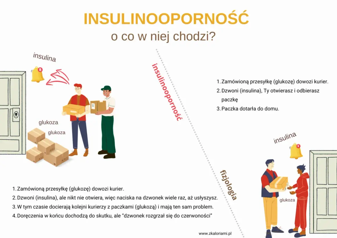 Ilustracja porównuje dostarczanie glukozy do komórek z problemem insulinooporności, gdzie insulina dzwoni, ale nikt nie otwiera.