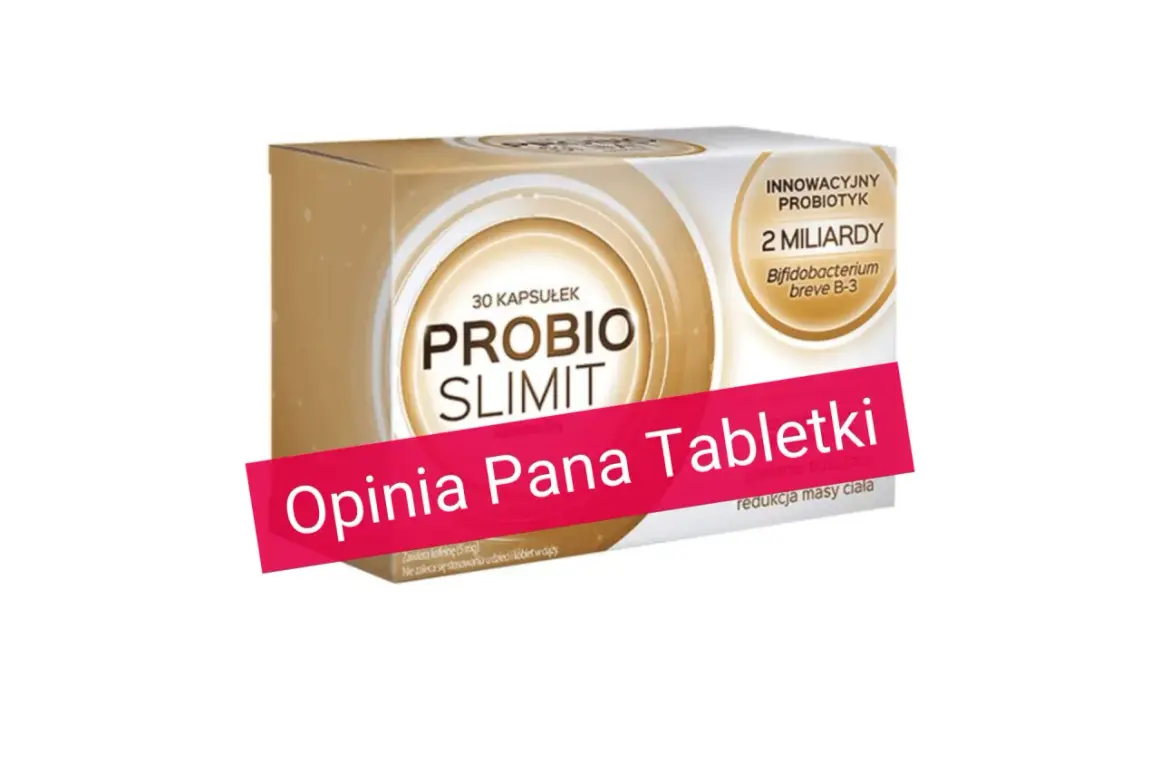 Opakowanie suplementu diety Probio Slimit, innowacyjnego probiotyku z 2 miliardami bakterii. Widoczna opinia "Pana Tabletki" o spalaniu tłuszczu i redukcji masy ciała.