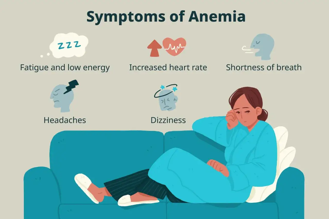 Zmęczenie, bóle głowy, zawroty głowy, duszności – to anemia objawy. Kobieta na kanapie czuje się źle.