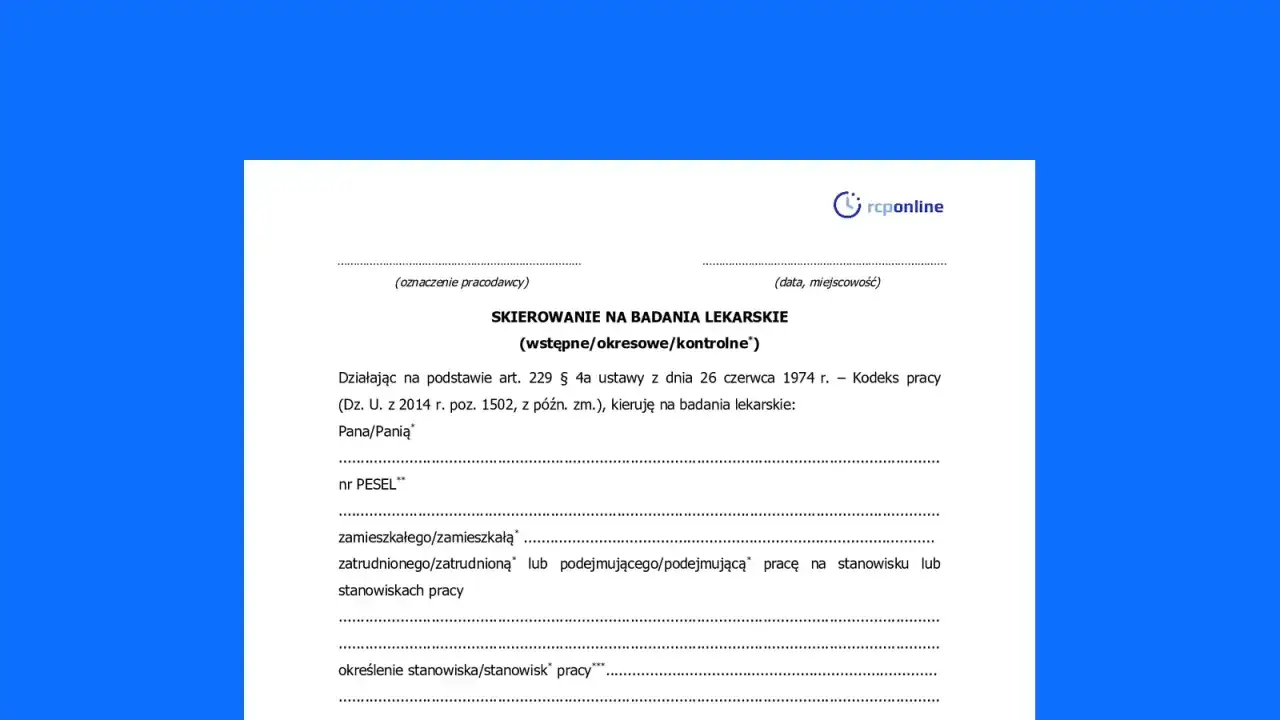 Formularz skierowania na badania lekarskie (wstępne/okresowe/kontrolne) dla pracownika.