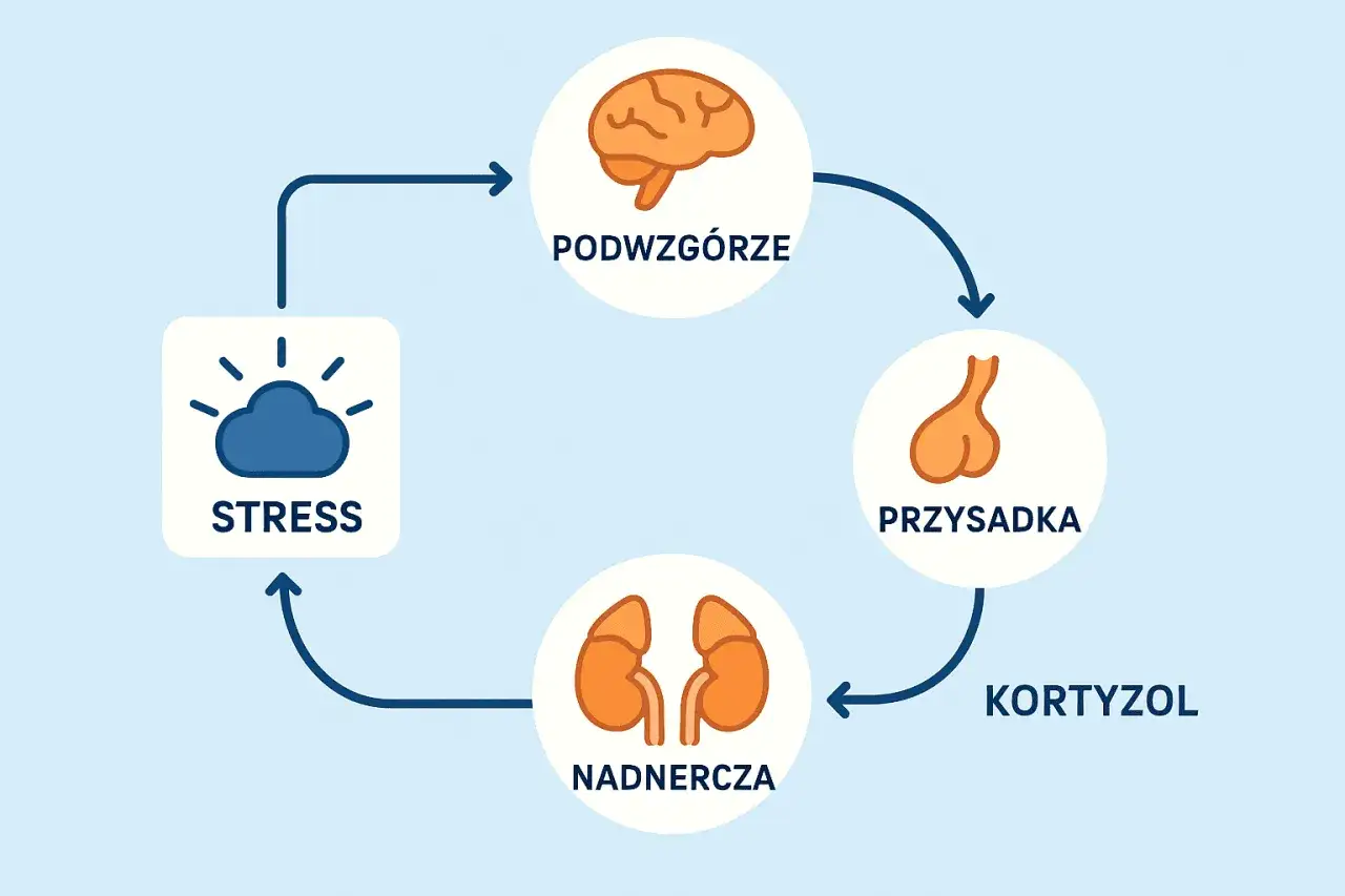 Cykl stresu: podwzgórze, przysadka, nadnercza i uwalnianie kortyzolu.