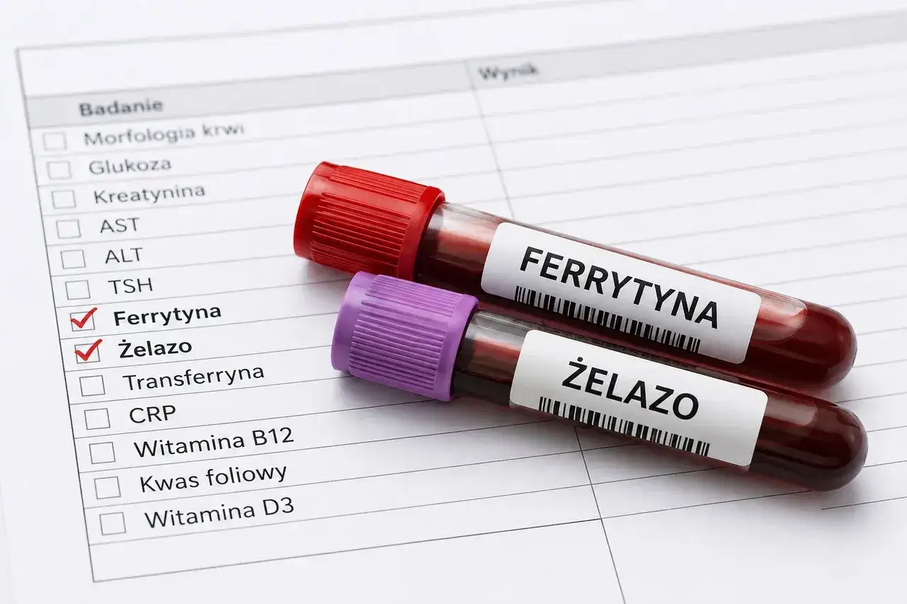 Dwie probówki z krwią na tle formularza badań. Na jednej probówce napis