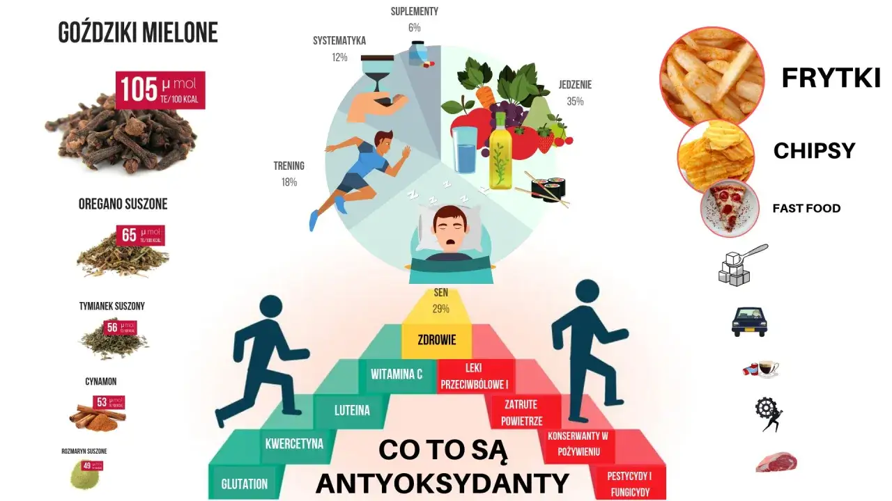 Piramide antyoksydantów: glutation, kwercetyna, luteina, witamina C. Obok produkty spożywcze, trening, sen, czynniki szkodliwe.