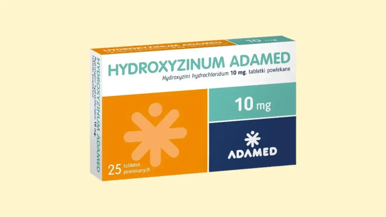 Opakowanie leku Hydroxyzine Adamed 10 mg. Przed zastosowaniem warto zapoznać się z ulotką dotyczącą trittico skutki uboczne.