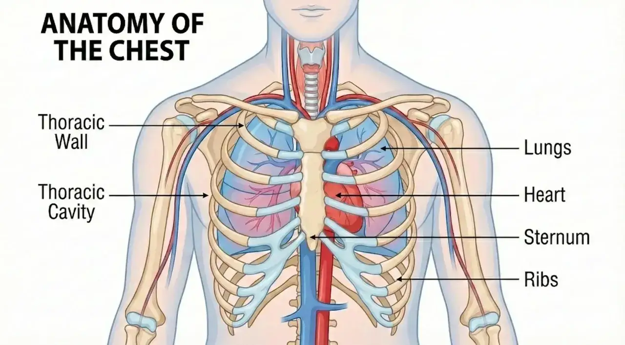 Anatomia klatki piersiowej: serce znajduje się po lewej stronie, między płucami, chronione przez żebra i mostek.