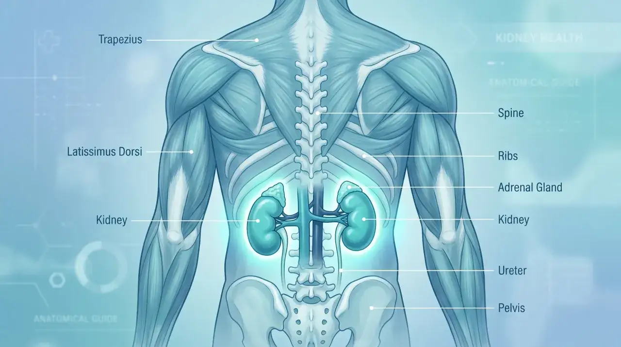 Anatomia człowieka z zaznaczonymi nerkami, nadnerczami i moczowodami. Widoczne mięśnie grzbietu i kręgosłup.