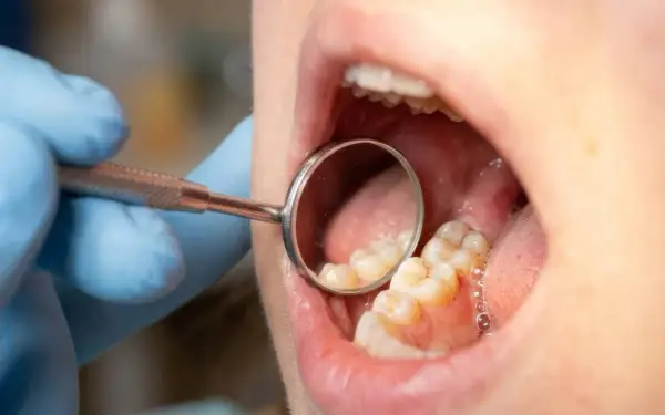Dentysta bada zęby, szukając oznak próchnicy. Widoczne są zęby i lusterko dentystyczne.