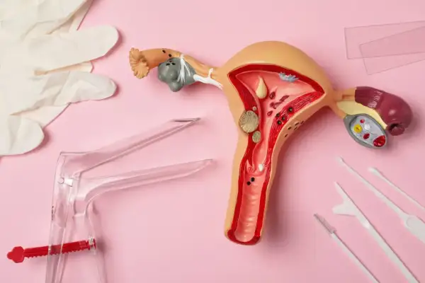 Model narządu rodnego kobiety z widocznym endometrium, obok rękawiczki, wziernik i przyrządy do pobierania wymazów.