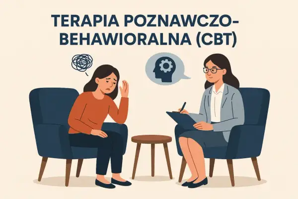 Kobieta w pomarańczowej bluzce przeżywa trudne chwile, ale terapia poznawczo-behawioralna (CBT) oferuje wsparcie.