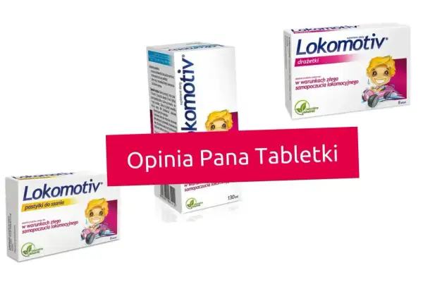 Opakowania Lokomotiv, suplementu diety na złe samopoczucie lokomocyjne, z wesołą postacią dziecka w bolidzie.