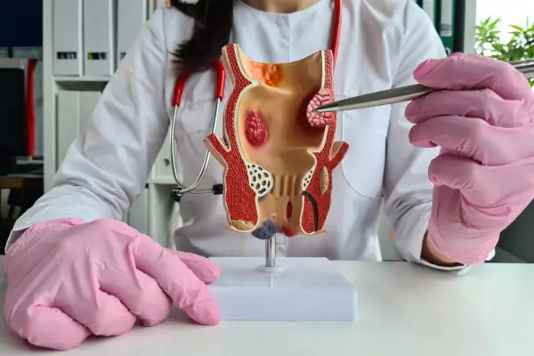 Model jelita grubego z widocznymi żylakami odbytu. Lekarz w różowych rękawiczkach wskazuje na problem.
