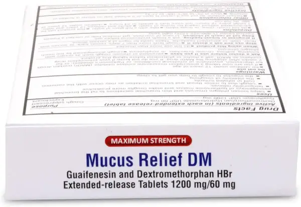 Lek Mucus Relief DM z guaifenesinem i dekstrometorfanem HBr, na kaszel i odkrztuszanie. Erdosol muco.