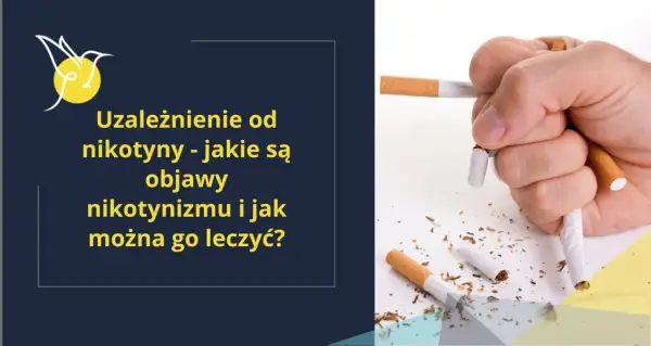Dłoń miażdży papierosy, symbolizując walkę z uzależnieniem od nikotyny i objawami nikotynizmu.