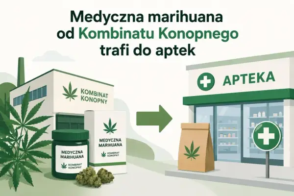 Medyczna marihuana z Kombinatu Konopnego trafia do apteki. Widać tam słoik, pudełko i kwiaty marihuany.