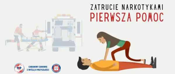 Pierwsza pomoc przy zatruciu narkotykami: ratownicy z karetką i kobieta reanimująca mężczyznę.