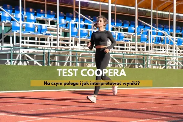 Kobieta biegnie na bieżni stadionu. Na ekranie widnieje napis "TEST COOPERA".