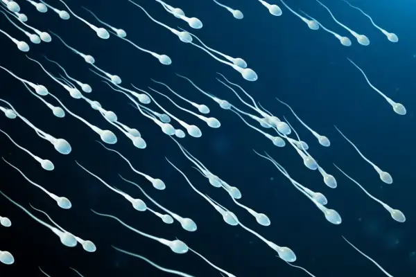 Ruchliwe plemniki w ciemnoniebieskim tle, każdy z główką i długim ogonkiem, płyną w kierunku celu.
