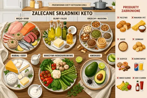 Przewodnik keto diety: mięso, ryby, nabiał, warzywa, awokado, oliwy, orzechy. Unikaj pieczywa, makaronu, kasz, ziemniaków, słodyczy i słodkich napojów.