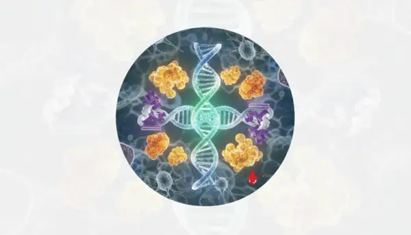 Molekularne podstawy fenyloketonurii: DNA, białka i komórki nerwowe. Kropelka krwi symbolizuje diagnostykę.