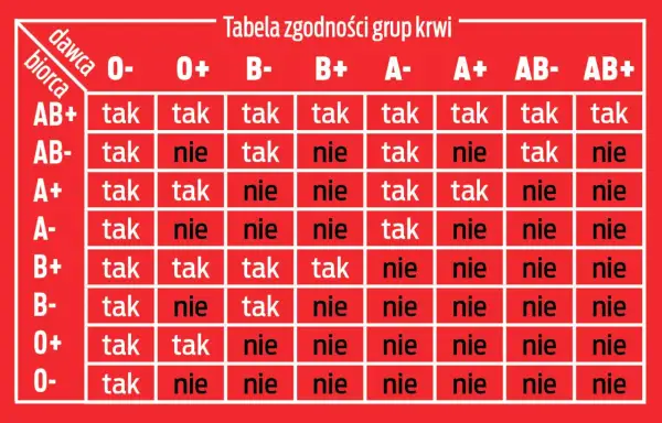 Tabela zgodności grup krwi. Pokazuje, które grupy krwi są kompatybilne przy transfuzji.