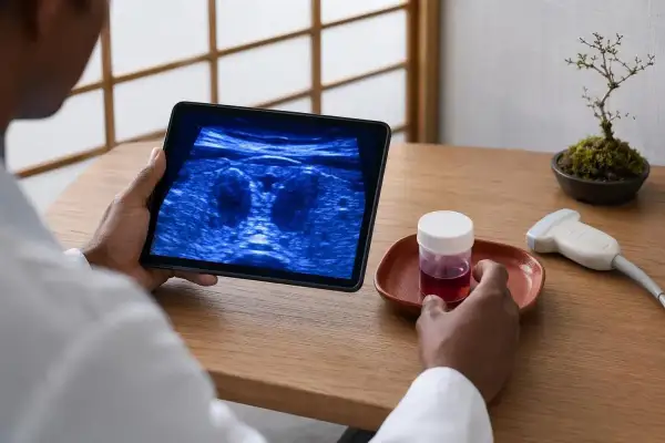 Lekarz analizuje badanie USG tarczycy, które może pomóc w ocenie poziomu kalcytoniny. Obok leży próbka płynu i głowica USG.