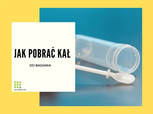 Pojemnik i szpatułka do pobrania materiału do badania kału. Tekst: "Jak pobrać kał do badania".